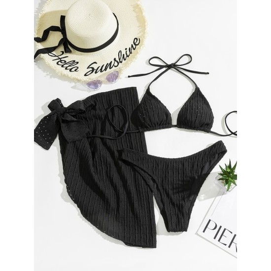 Simple Three Pieces Halterneck Triangle Bikini Set