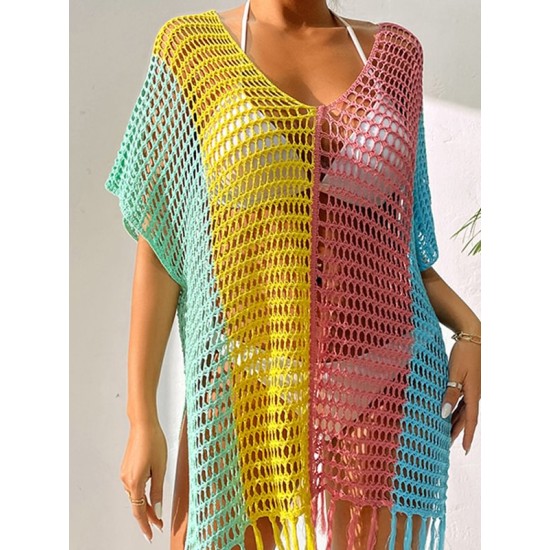 Colorful V-Neck Tassles Mini Cover-Ups Dress