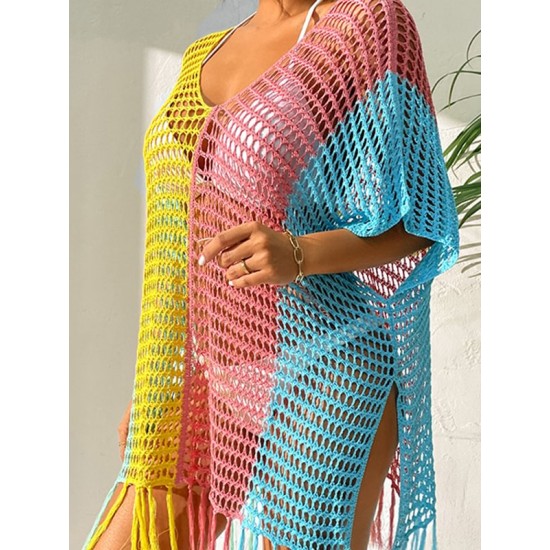 Colorful V-Neck Tassles Mini Cover-Ups Dress