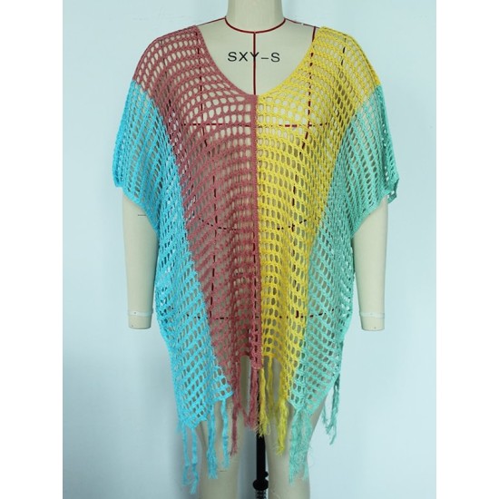 Colorful V-Neck Tassles Mini Cover-Ups Dress