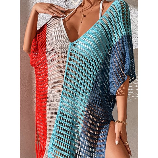 Colorful V-Neck Tassles Mini Cover-Ups Dress