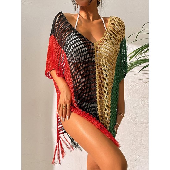 Colorful V-Neck Tassles Mini Cover-Ups Dress