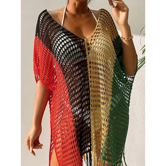 Colorful V-Neck Tassles Mini Cover-Ups Dress