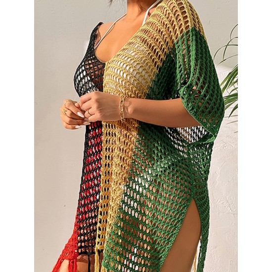 Colorful V-Neck Tassles Mini Cover-Ups Dress