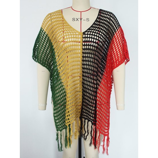 Colorful V-Neck Tassles Mini Cover-Ups Dress