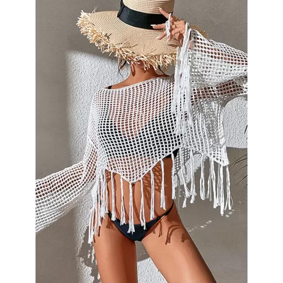 Hollow Tassels Long Sleeves Cover-Ups Swimsuit