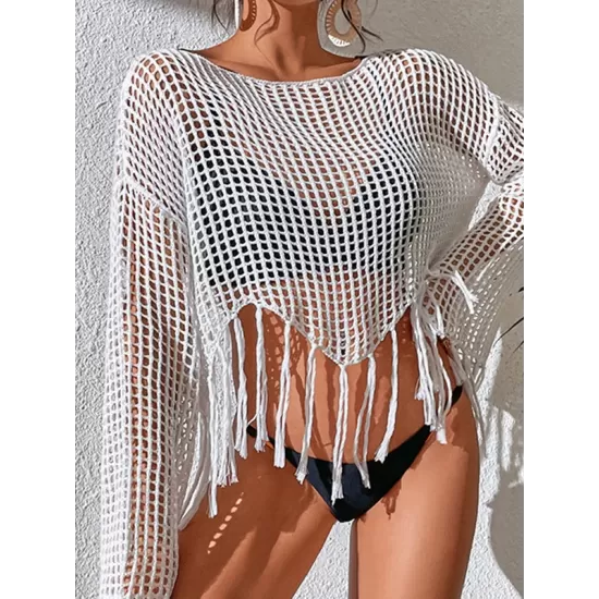 Hollow Tassels Long Sleeves Cover-Ups Swimsuit