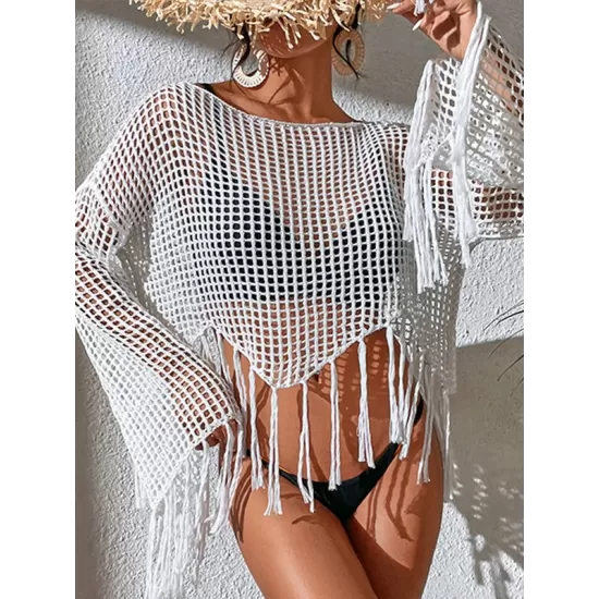 Hollow Tassels Long Sleeves Cover-Ups Swimsuit