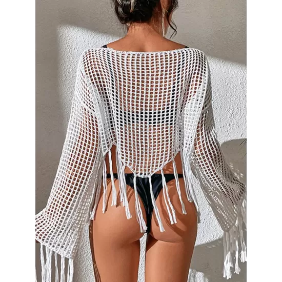 Hollow Tassels Long Sleeves Cover-Ups Swimsuit