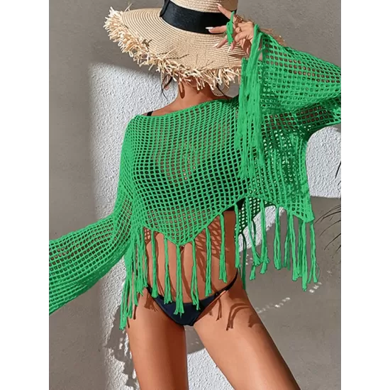 Hollow Tassels Long Sleeves Cover-Ups Swimsuit