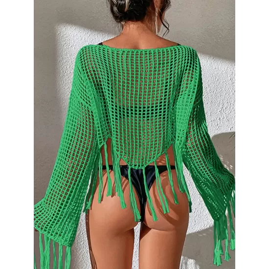 Hollow Tassels Long Sleeves Cover-Ups Swimsuit