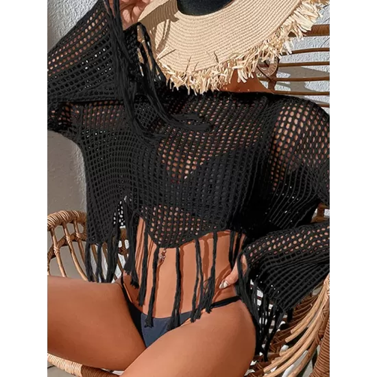 Hollow Tassels Long Sleeves Cover-Ups Swimsuit