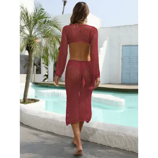 V-Neck Hollow Midi Length Cover-Ups Beach Dress