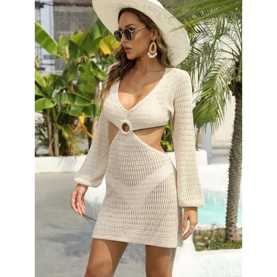 V-Neck Long Sleeves Hollow Mini Cover-Ups Beach Dress