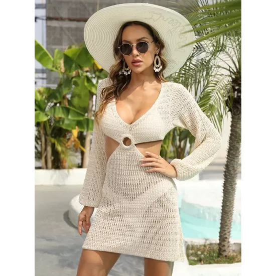 V-Neck Long Sleeves Hollow Mini Cover-Ups Beach Dress