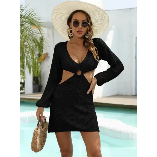 V-Neck Long Sleeves Hollow Mini Cover-Ups Beach Dress