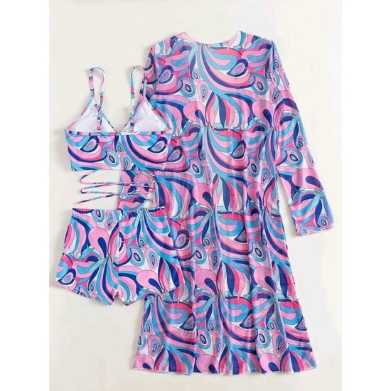 Halterneck Abstract Print Three Pieces Bikini Set