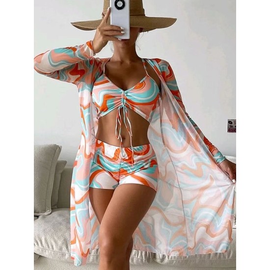 Halterneck Abstract Print Three Pieces Bikini Set