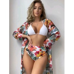 Triangle Halterneck Floral Three Pieces Bikini Set