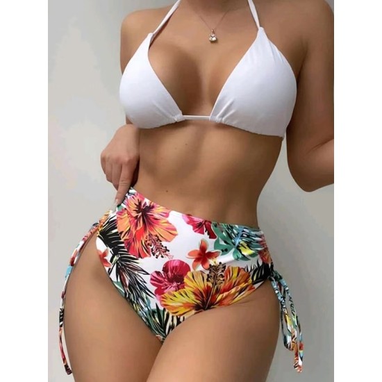 Triangle Halterneck Floral Three Pieces Bikini Set