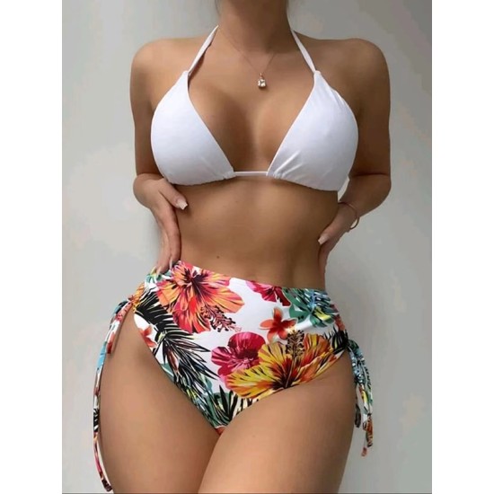 Triangle Halterneck Floral Three Pieces Bikini Set