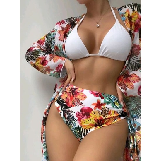 Triangle Halterneck Floral Three Pieces Bikini Set