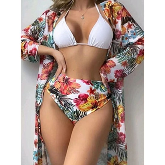 Triangle Halterneck Floral Three Pieces Bikini Set