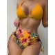 Triangle Halterneck Floral Three Pieces Bikini Set