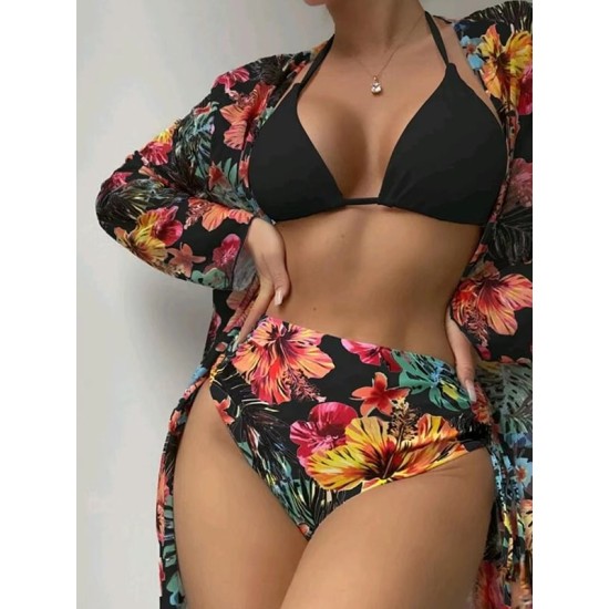 Triangle Halterneck Floral Three Pieces Bikini Set