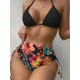 Triangle Halterneck Floral Three Pieces Bikini Set