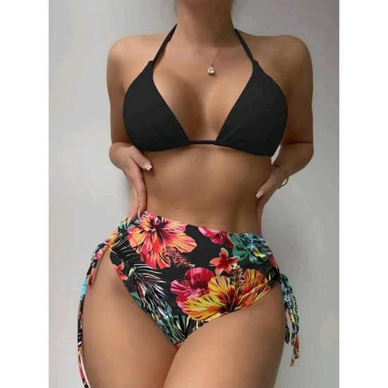 Triangle Halterneck Floral Three Pieces Bikini Set