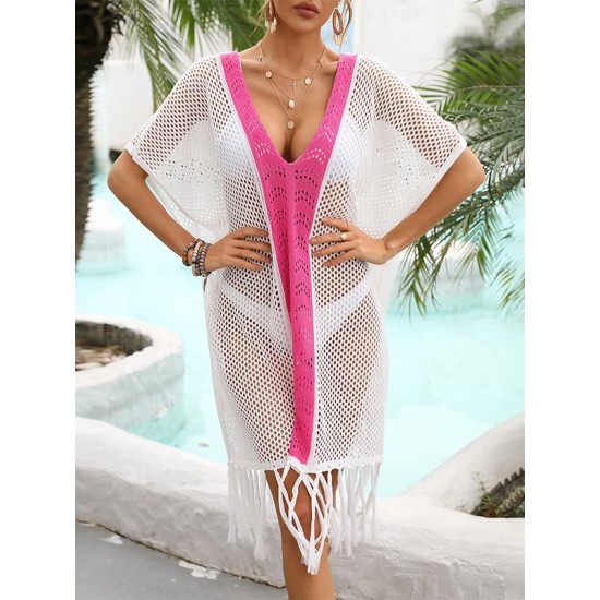 Color-Block Hollow Tasseled Batwing Sleeves Loose Deep V-Neck Cover-Ups Swimwear