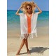 Color-Block Hollow Tasseled Batwing Sleeves Loose Deep V-Neck Cover-Ups Swimwear