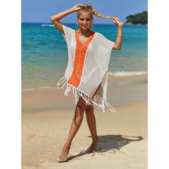 Color-Block Hollow Tasseled Batwing Sleeves Loose Deep V-Neck Cover-Ups Swimwear