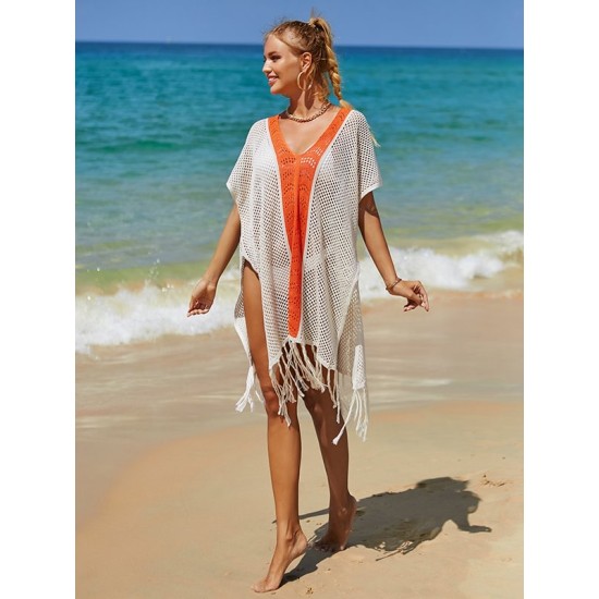 Color-Block Hollow Tasseled Batwing Sleeves Loose Deep V-Neck Cover-Ups Swimwear