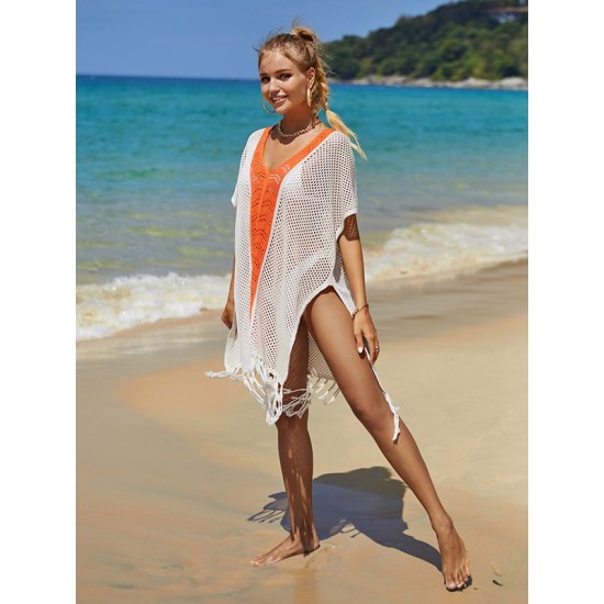 Color-Block Hollow Tasseled Batwing Sleeves Loose Deep V-Neck Cover-Ups Swimwear