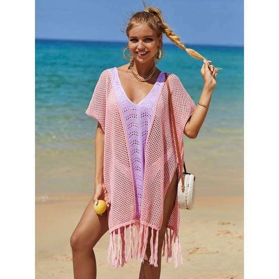 Color-Block Hollow Tasseled Batwing Sleeves Loose Deep V-Neck Cover-Ups Swimwear