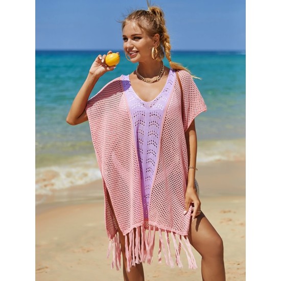 Color-Block Hollow Tasseled Batwing Sleeves Loose Deep V-Neck Cover-Ups Swimwear