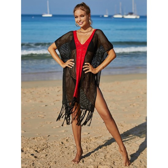 Color-Block Hollow Tasseled Batwing Sleeves Loose Deep V-Neck Cover-Ups Swimwear