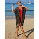 Color-Block Hollow Tasseled Batwing Sleeves Loose Deep V-Neck Cover-Ups Swimwear