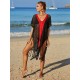 Color-Block Hollow Tasseled Batwing Sleeves Loose Deep V-Neck Cover-Ups Swimwear