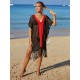 Color-Block Hollow Tasseled Batwing Sleeves Loose Deep V-Neck Cover-Ups Swimwear