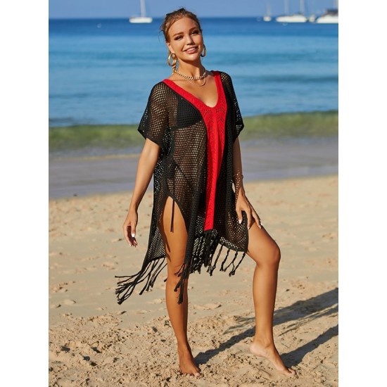 Color-Block Hollow Tasseled Batwing Sleeves Loose Deep V-Neck Cover-Ups Swimwear