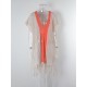 Color-Block Hollow Tasseled Batwing Sleeves Loose Deep V-Neck Cover-Ups Swimwear