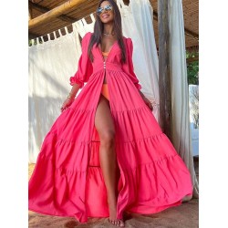 Bandage See-Through Solid Color Flared Sleeves High-Low Deep V-Neck Cover-Ups Swimwear