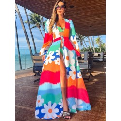 Long Sleeves Bandage Floral Printed Multi-Colored Cover-Ups Swimwear