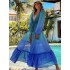 Bandage Color-Block Long Sleeves Loose Deep V-Neck Cover-Ups Swimwear