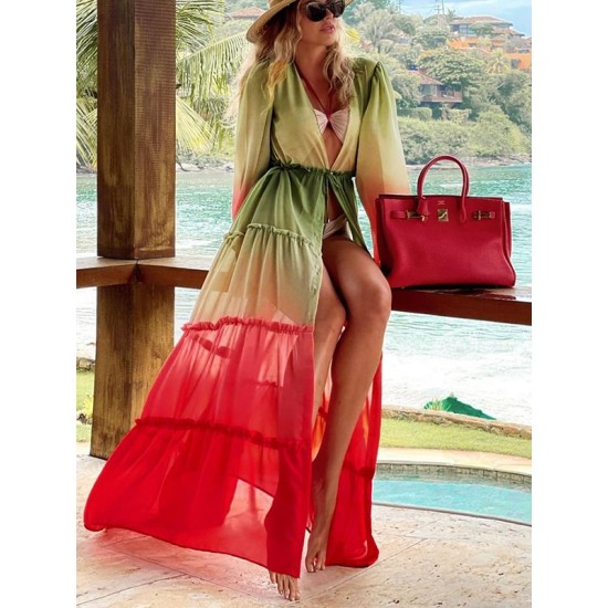 Bandage Color-Block Long Sleeves Loose Deep V-Neck Cover-Ups Swimwear