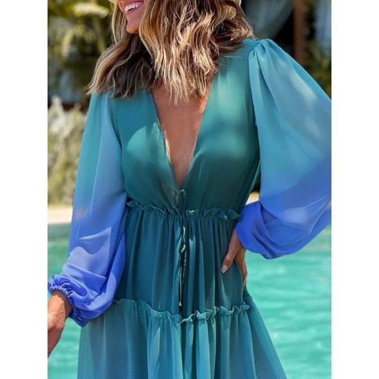 Bandage Color-Block Long Sleeves Loose Deep V-Neck Cover-Ups Swimwear