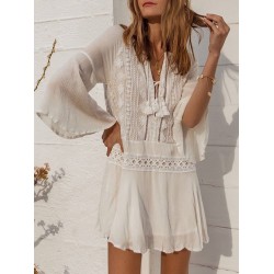 Chiffon Wrinkled Lace Trumpet Sleeve Bikini Cover-Ups